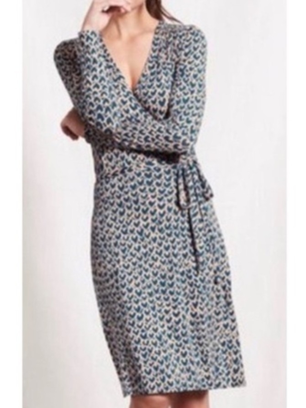 Boden Sylvia WW120 Blue and Blush Pink Heart Long-Sleeve Wrap Dress 12L